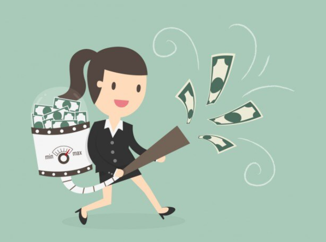 A cartoon woman walks, blowing money from a backpack