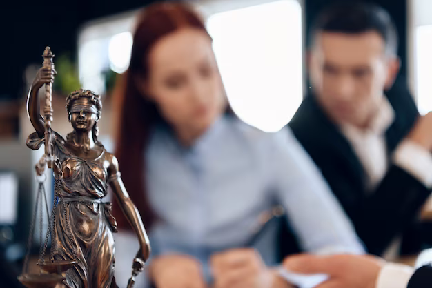 A figurine with scales against the background of two business people