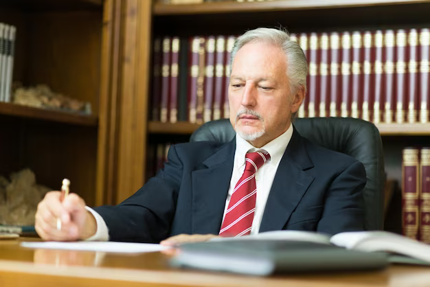 A man in a suit signs documents